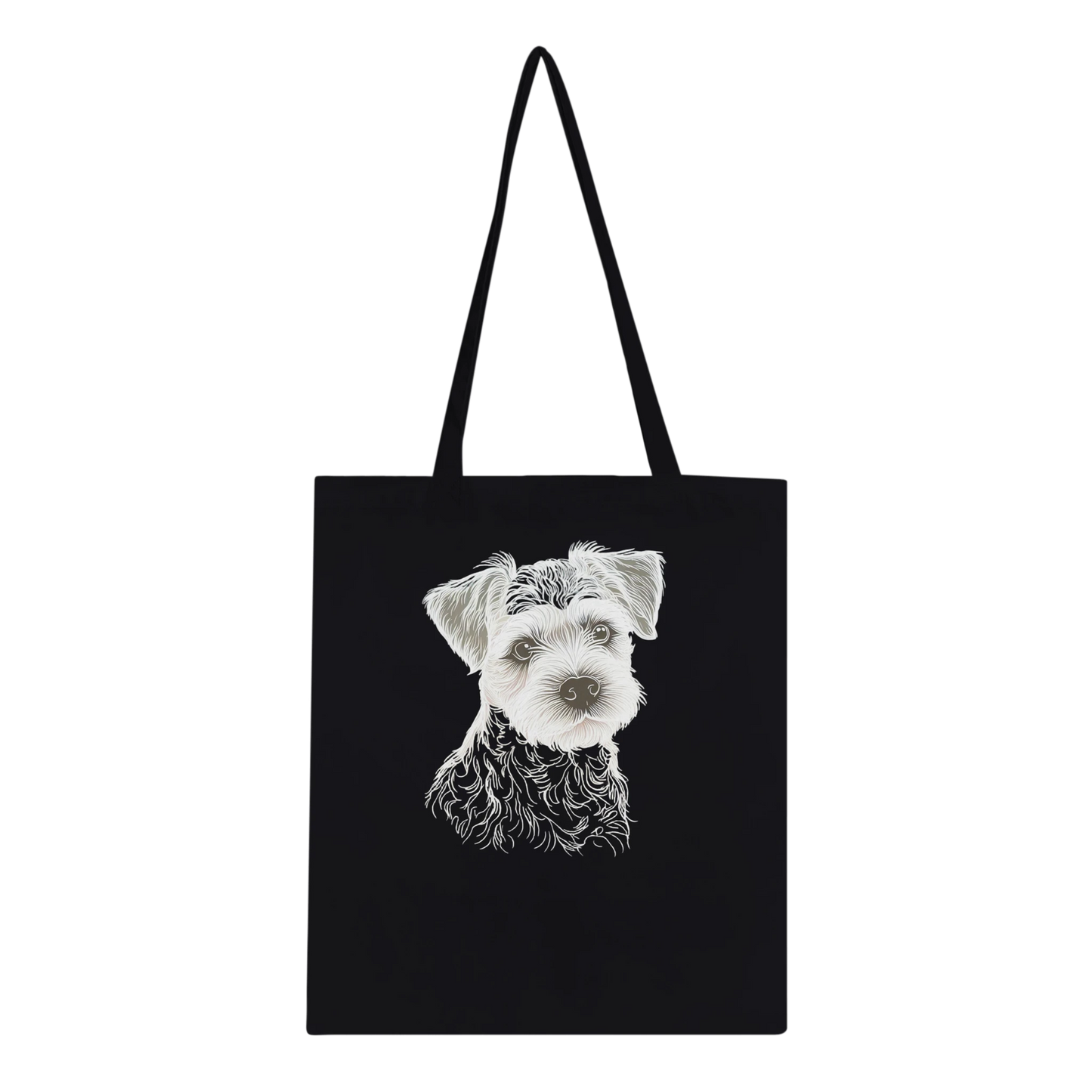 Black tote bag with a white  border terrier dog illustration on a white background