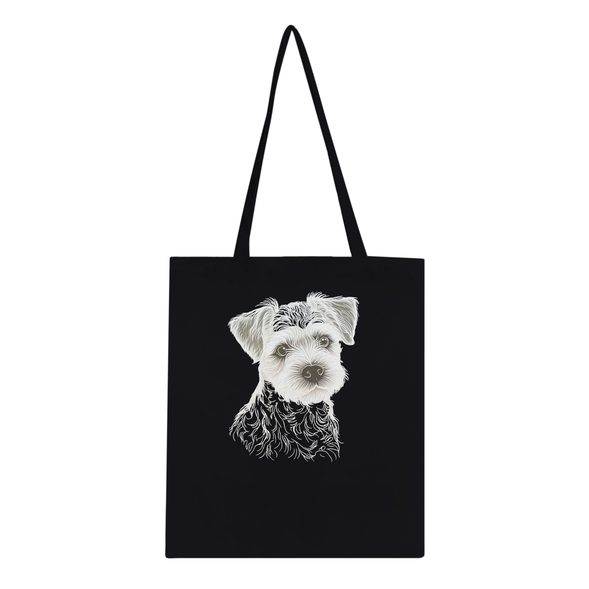 Black tote bag with a white  border terrier dog illustration on a white background