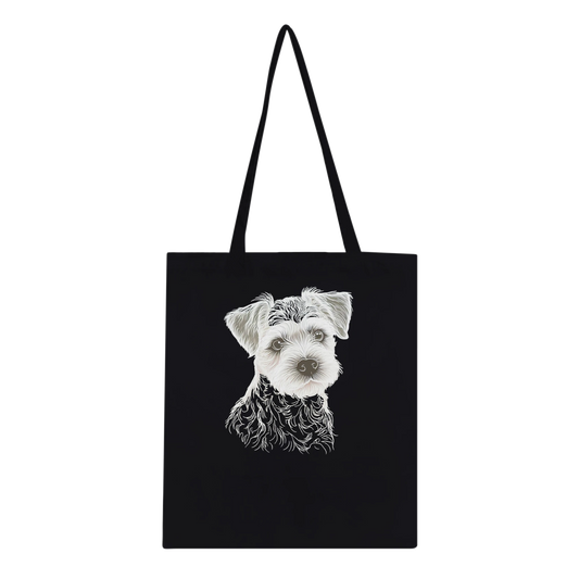Black tote bag with a white  border terrier dog illustration on a white background