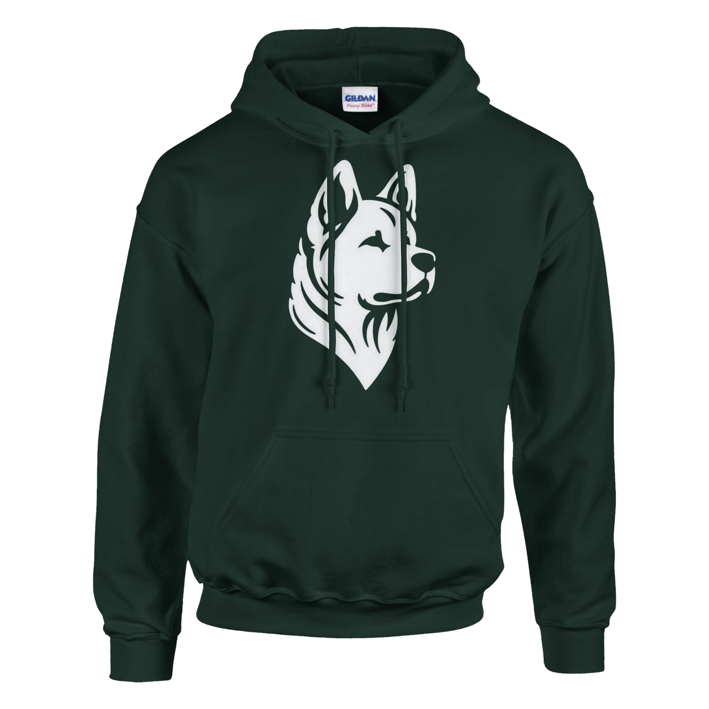 Dark green hoodie with a white American Akita graphic on a white background