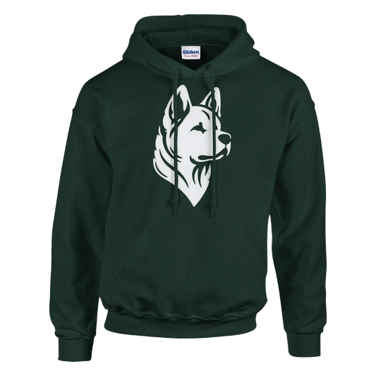 Dark green hoodie with a white American Akita graphic on a white background