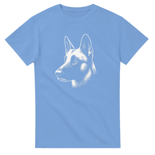 Light blue t-shirt with a white belgian malinois dog graphic on a white background