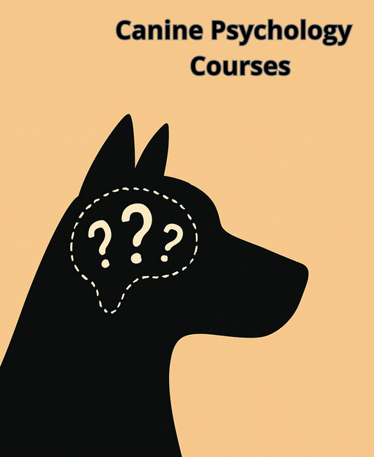 Silhouette of a dog with question marks and 'Canine Psychology Courses' text on a beige background