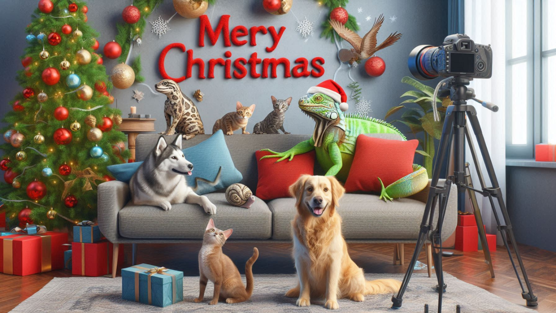a dog a cat a lizard sitting on a sofa posing for a photograph 