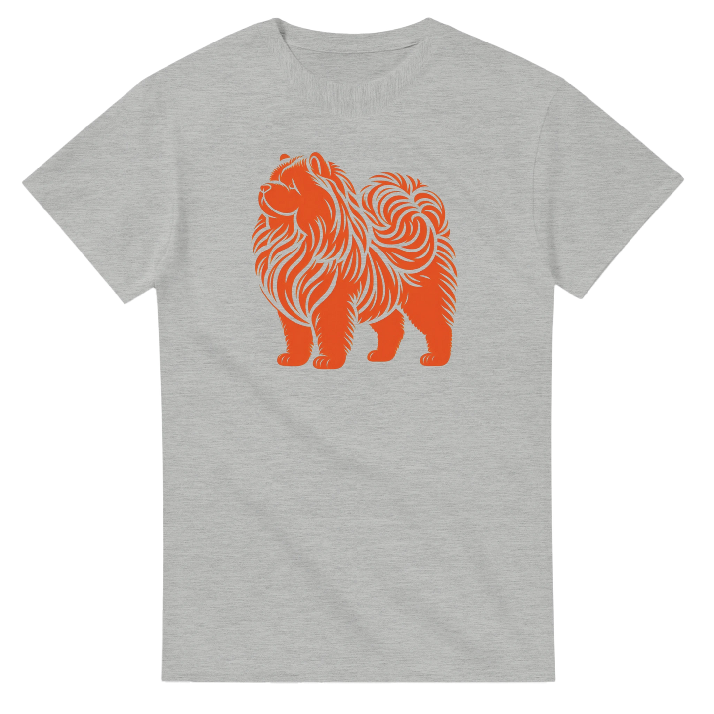 Gray t-shirt with an orange chow chow dog graphic on a white background