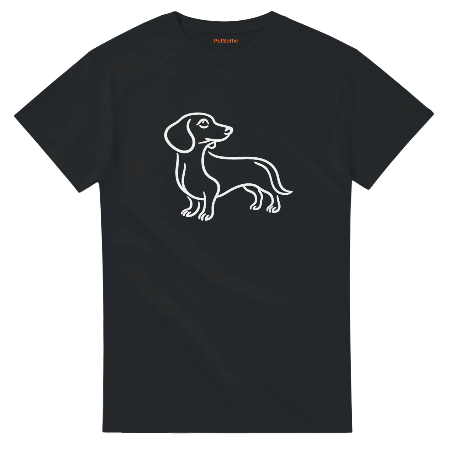 Black t-shirt with a white dog outline design on a white background
