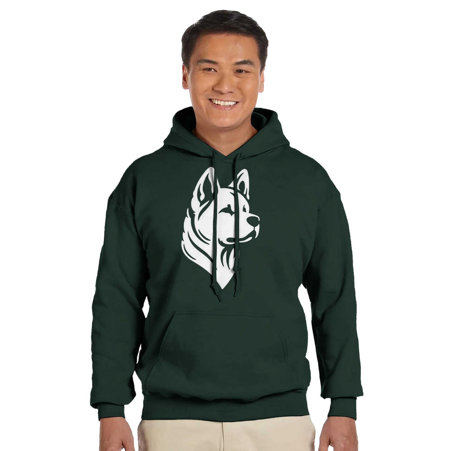 Person wearing a green hoodie with a white dog logo on a white background