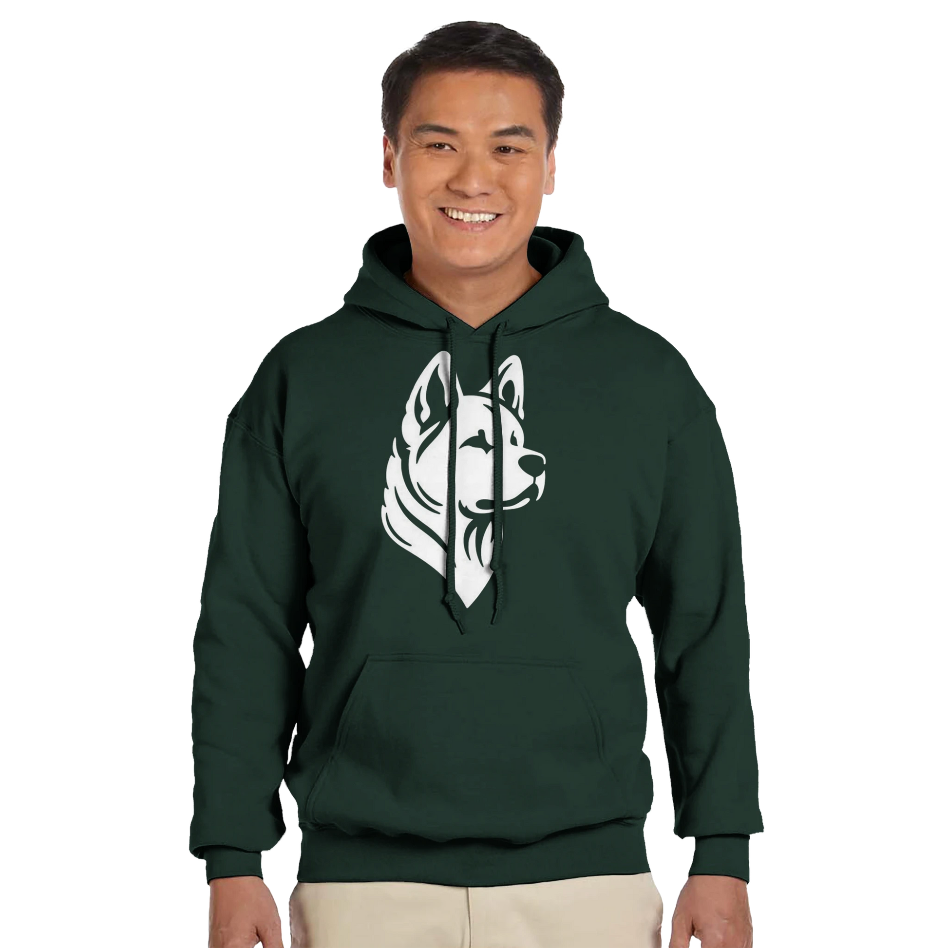 Person wearing a green hoodie with a white dog logo on a white background