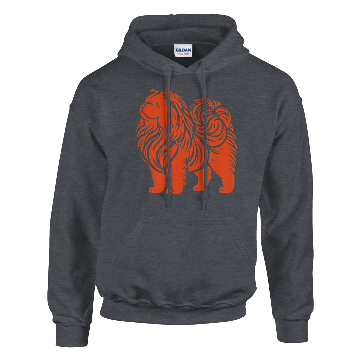 Dark gray hoodie with orange chow chow dog graphic on a white background