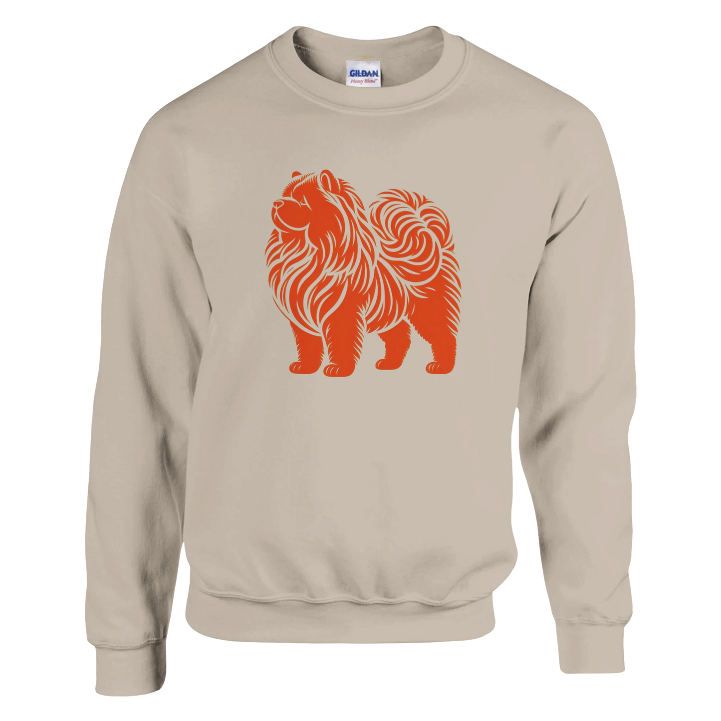 Beige sweatshirt with an orange  chow chow dog graphic on a white background