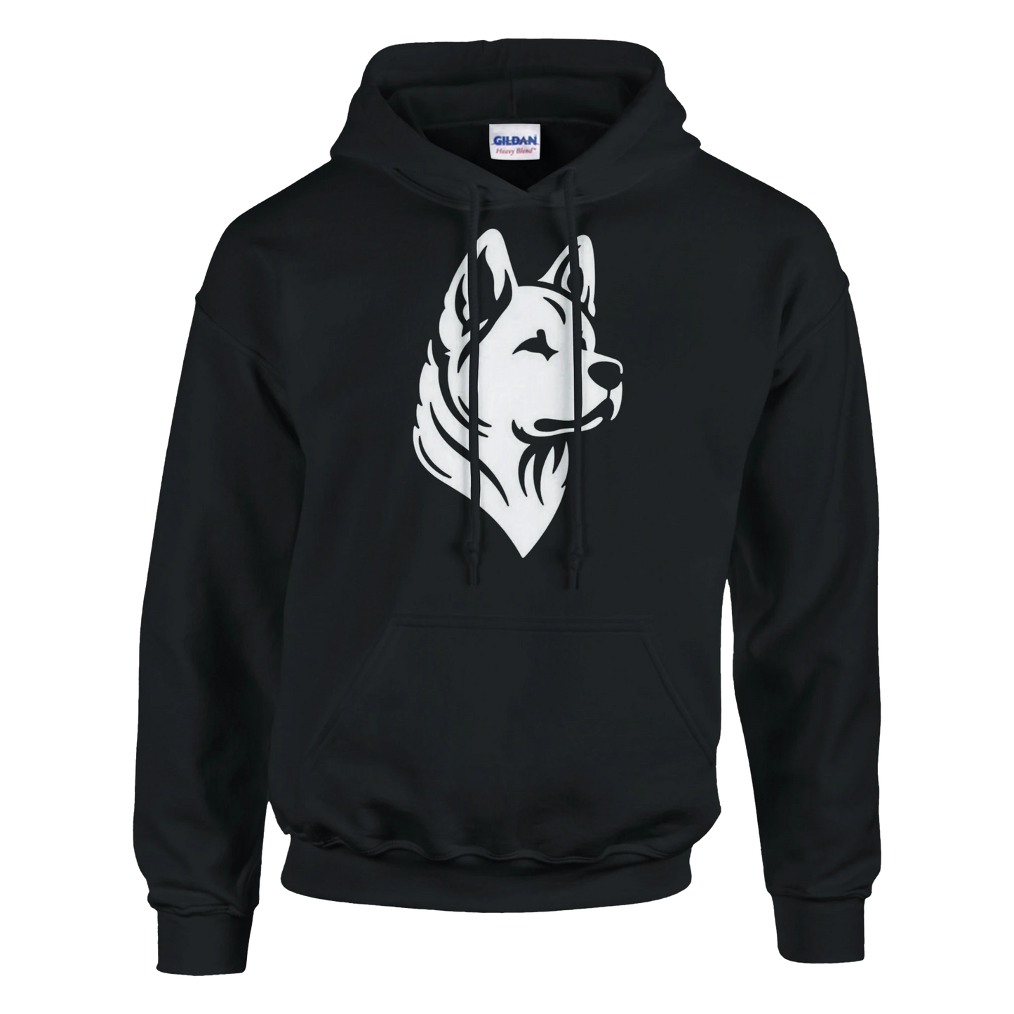 Black hoodie with a white american akita graphic on a white background