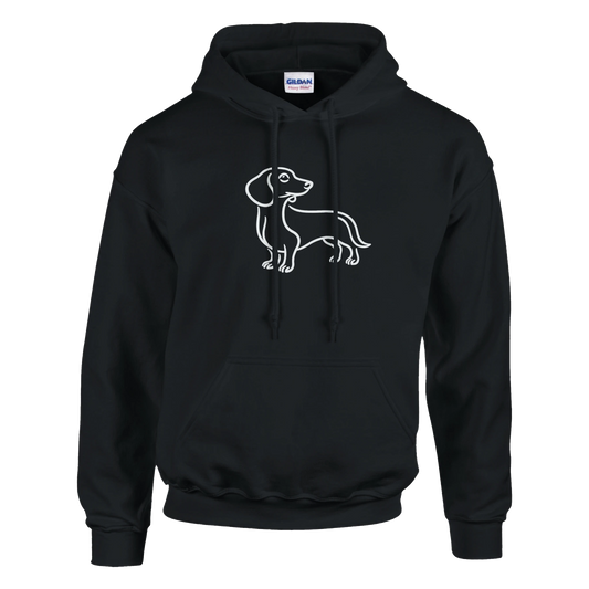 Black hoodie with a white dog graphic on a white background