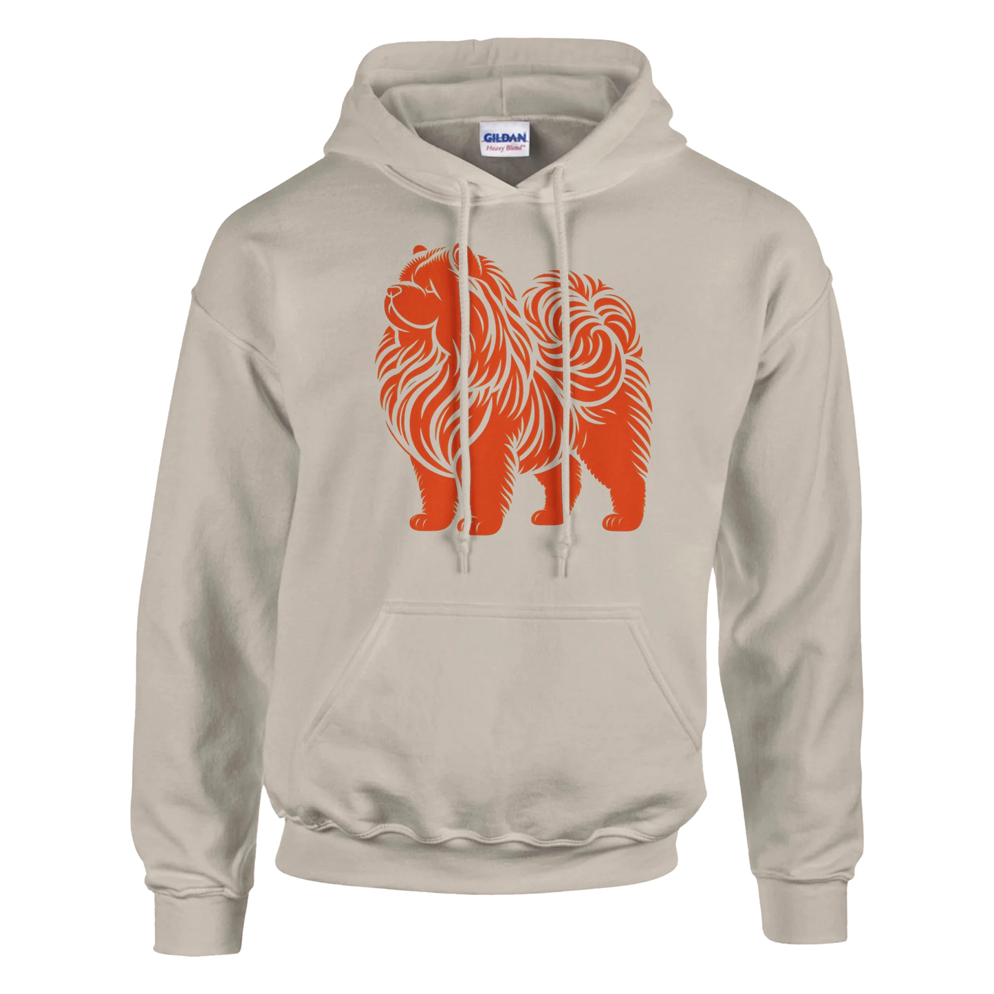 Beige hoodie with orange chow chow dog graphic on a white background