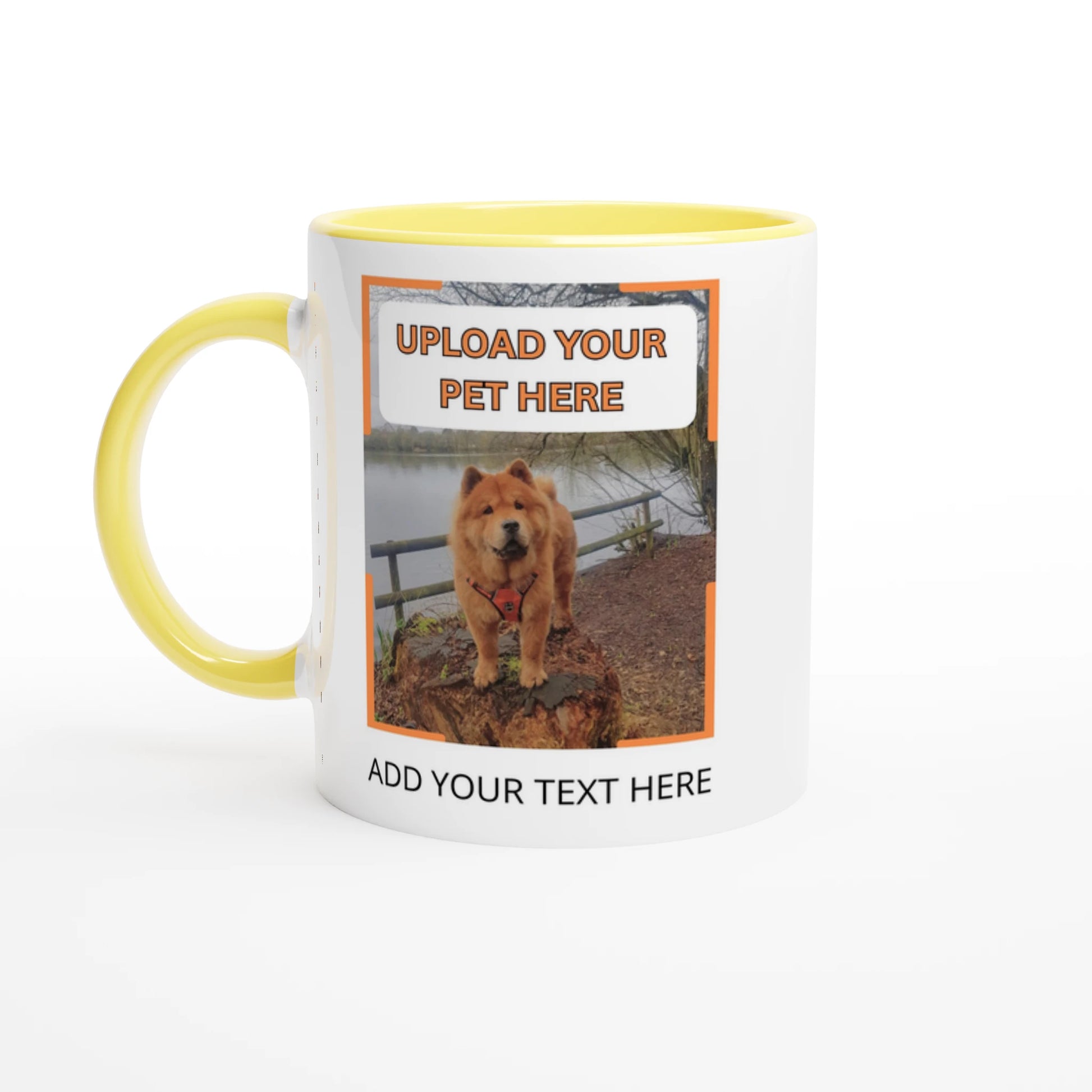 Yellow Personalised ceramic mug with vibrant colour interior, featuring custom pet photo design, stylish and durable drinkware for pet lovers from PetSelfie