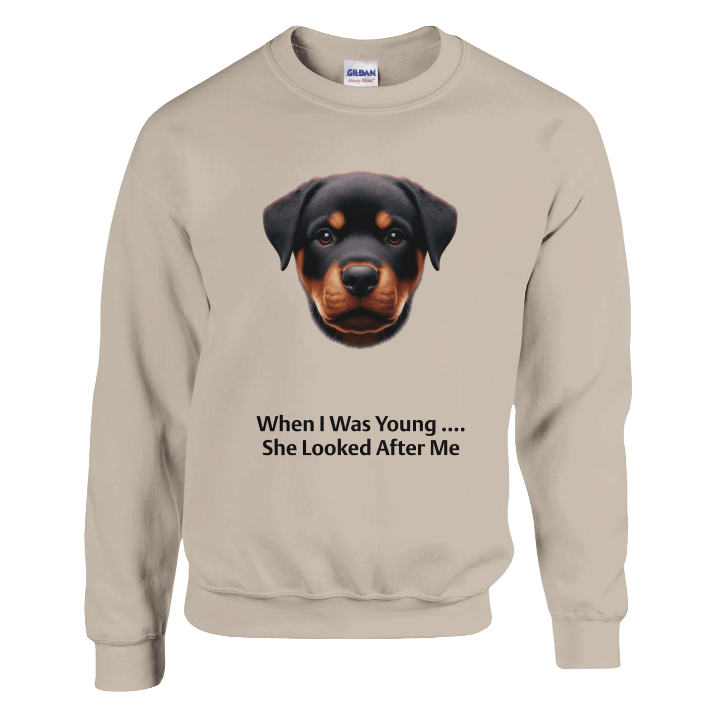 Beige sweatshirt with a dog graphic and text on a green background