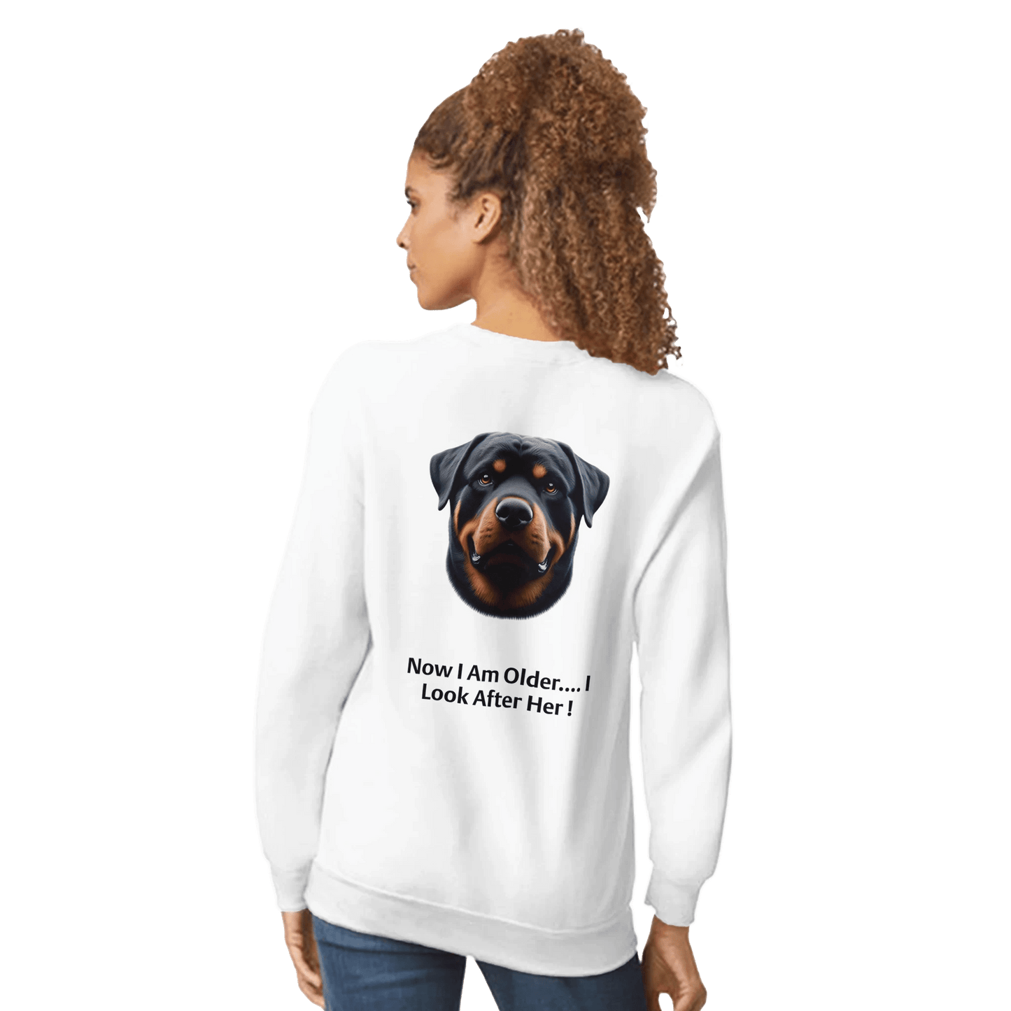 Person wearing a white sweatshirt with a dog's face and text on the back, on a transparent background